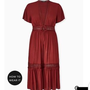 🆕 3X BRICK RED GAUZE LACE INSET DUSTER KAFTAN